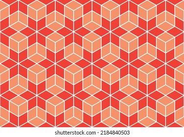 Red star shape repeating pattern with orange color 3d effect cubes and white outline, geometric vector illustration