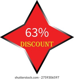 Red star with sixty three percent discount text. Promotion and sale graphic.