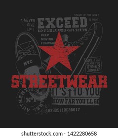 Red star with streetwear elements and text on black background. Urban style illustration for t-shirt