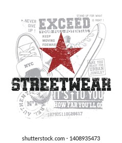 Red star with streetwear text. Urban style illustration for t-shirt.