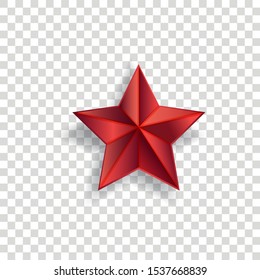 Red star symbol with realistic shadow and pointed shape isolated on transparent background - colorful Christmas tree decoration or achievement sign- vector illustration.