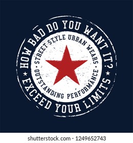 red star in white circle illustration for t-shirt with motivational quote.