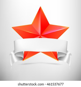 Red star with white ribbon on colored background. Symbol of victory in competitions or contests, template for your design
