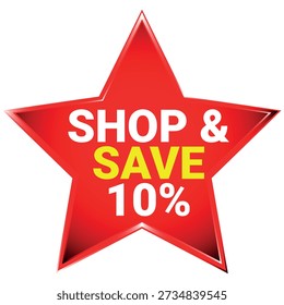 A red star with white and yellow text saying shop and save 10 percent on a white background Scala...