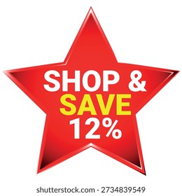 A red star with white and yellow text saying shop and save 12 percent on a white background Scala...