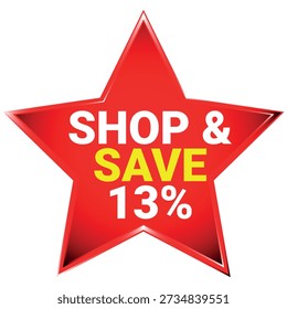 A red star with white and yellow text saying shop and save 13 percent on a white background Scala...