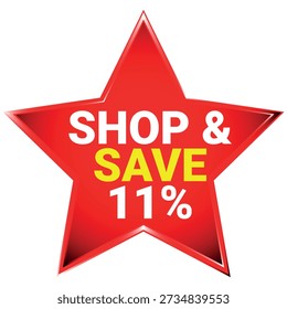 A red star with white and yellow text saying shop and save 11 percent on a white background Scala...