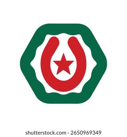 Red star within a horseshoe shape inside a green hexagon Revolucion Mexicana symbol on