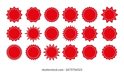 Forma de insignia de explosión de estrella roja. Establezca el ícono de la etiqueta de Precio. Etiquetas de precio de la etiqueta de estallido de estrella. Venta de círculos promocionales y nubes aisladas sobre fondo blanco. Salpicadura de sol redonda en diseño simple. Vector.