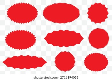 Vector rojo de la insignia del estallido estelar fijado con las etiquetas dentadas espigadas de la venta y las Formas engomadas promocionales para las etiquetas del descuento, los carteles, los Anuncios, y el Diseño gráfico