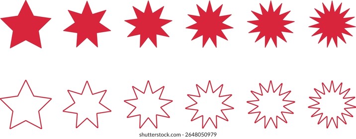 Red Starburst. Circle sale sticker set. Wavy edge promo red badges. Special offer price tag. Red starburst promotional badge set. shopping labels