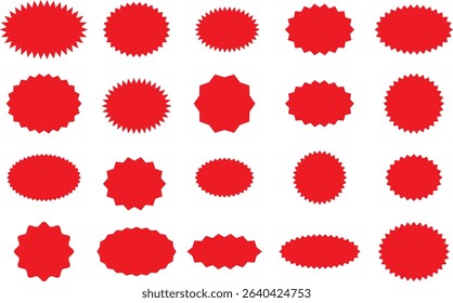 Red  Starburst Price Labels and Vintage Promo Badge Set – Flat Vector Sale Stickers with Wavy Edges and Retro Style Tags.
