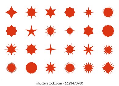 Red starburst price stickers. Vector sale banner set with burst circle explosion signs, cartoon splash sunburst speech bubble red silhouettes isolated on white background