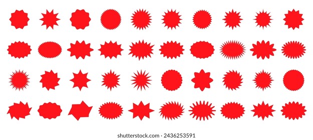 Rote Starburst Sale Preissiegel, Callout Aufkleber und Splash Etiketten, Vektor-Stern-Rosette Abzeichen. Promotion Verkauf und Shop bieten Etiketten, Sunburst Stempel und Tag Silhouetten für Preisrabatt und Promo