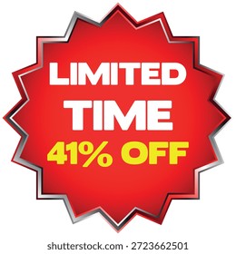 Forma roja del starburst con el texto blanco TIEMPO LIMITADO y el texto amarillo 41% OFF en el fondo blanco...