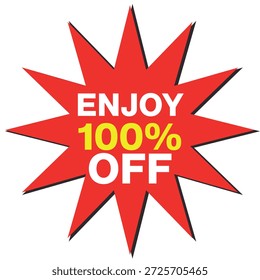 Forma starburst vermelha com texto branco DESFRUTE 100% OFF em branco e amarelo no fundo branco Scalab...