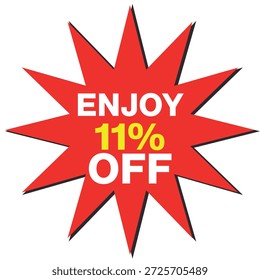Forma starburst vermelha com texto branco DESFRUTE 11% OFF em branco e amarelo sobre fundo branco Escalável...