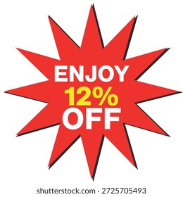 Forma starburst vermelha com texto branco DESFRUTE 12% OFF em branco e amarelo sobre fundo branco Escalável...