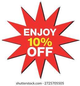 Forma starburst vermelha com texto branco DESFRUTE 10% OFF em branco e amarelo sobre fundo branco Escalável...