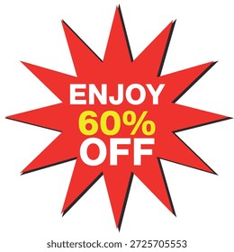 Forma de estrella roja con texto blanco DISFRUTA y APAGADO y texto amarillo 60% Escalable Vector formato traje...
