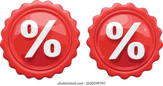 Red starburst sticker with percent sign floating in air. 3D render illustration set of round sunburst label with sale and discount sign for promotion.