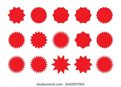 Red starburst sticker set - collection of special offer sale round and oval sunburst labels and buttons isolated on white background. Red star stickers and badges for promo advertising campaign.