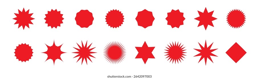 Red starburst sticker set - collection of special offer sale round and oval sunburst labels and buttons isolated on white background. Red star stickers and badges for promo advertising campaign.