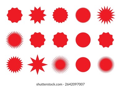 Red starburst sticker set - collection of special offer sale round and oval sunburst labels and buttons isolated on white background. Red star stickers and badges for promo advertising campaign.