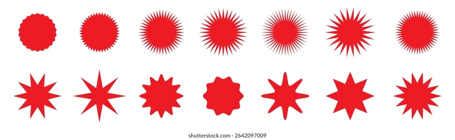 Red starburst sticker set - collection of special offer sale round and oval sunburst labels and buttons isolated on white background. Red star stickers and badges for promo advertising campaign.