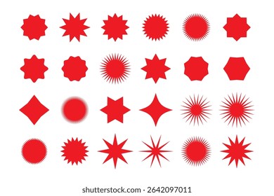 Red starburst sticker set - collection of special offer sale round and oval sunburst labels and buttons isolated on white background. Red star stickers and badges for promo advertising campaign.