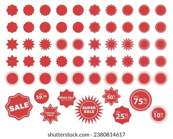 Red starburst sticker set. Price sticker, sale sticker, price tag, starburst, quality mark, retro silhouette.