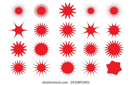 Red starburst sticker set. Price sticker, sale sticker, price tag, starburst, quality mark, retro silhouette. Sunburst retro sale badge, quality signs, sale icons. Vector illustration star blank label