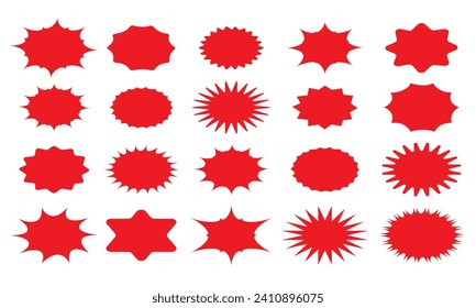 Red starburst sticker set. Price sticker, sale sticker, price tag, starburst, quality mark, retro silhouette. Sunburst retro sale badge, quality signs, sale icons. Vector illustration star blank label