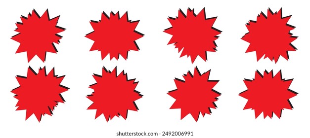 Red starburst sticker set. Price sticker, sale sticker, price tag, starburst, quality mark, retro silhouette. Sunburst retro sale badge, quality signs, sale icons. star blank label