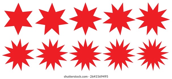 Red starburst sticker set. Special offer price tag. Price sticker, sale sticker, starburst, quality mark, retro silhouette. Sunburst retro sale badge, quality signs, sale icons. star blank label