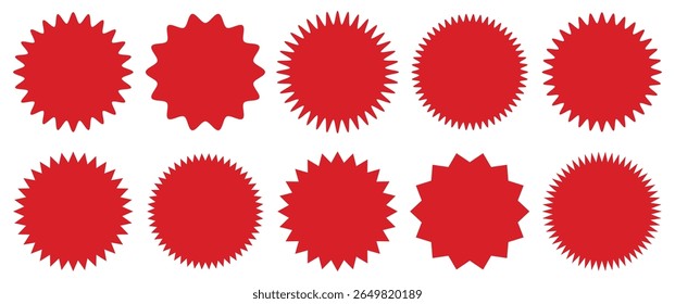  Red starburst sticker set. Special offer price tag. Price sticker, sale sticker, starburst, quality mark, retro silhouette. Sunburst retro sale badge, quality signs, sale icons. star blank label