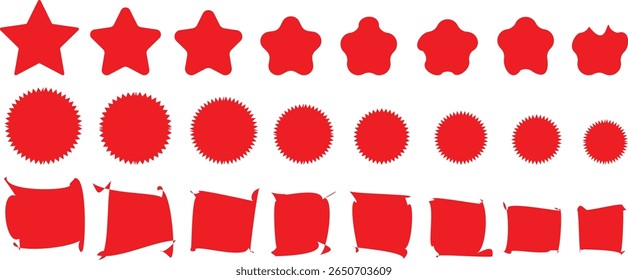 Red starburst sticker set. Special offer price tag. Price sticker, sale sticker, starburst, quality mark, retro mark, retro silhouette. Sunburst retro sale badge, quality signs, red sale round	