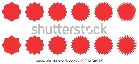 Red starburst sticker set. Special offer price tag. Price sticker, sale sticker, starburst, quality mark, retro silhouette. Sunburst retro sale badge, quality signs, sale icons. star blank label. 