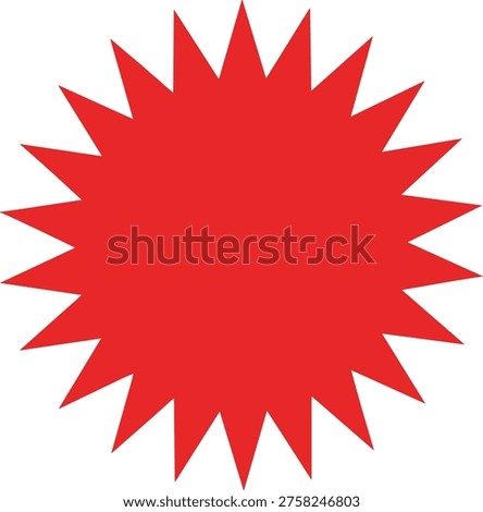 Red starburst sticker, sunburst shape, sale badge, offer tag, blast icon, bright flash symbol, empty promotion label, isolated vector illustration