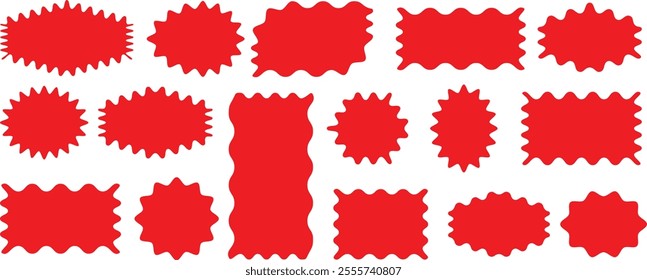 : Red Starburst zigzag. Sunburst sticker shapes. Zig zag edge rectangle shape collection. badge, spiky oval, circle and star shaped price tag, discount and sale label stickers. vector set.