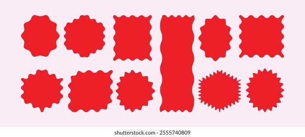 : Red Starburst zigzag. Sunburst sticker shapes. Zig zag edge rectangle shape collection. badge, spiky oval, circle and star shaped price tag, discount and sale label stickers. vector set.