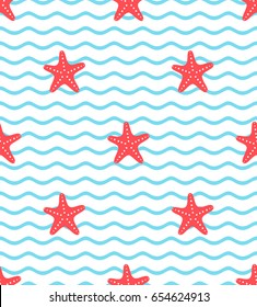 Red starfish background. Wave seamless pattern. Vector illustration.