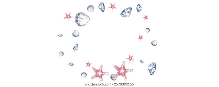 Red Starfish Background White Vector. Oyster Abstract Texture. Maritime Wallpaper. Blue Scallop Doodle Illustration.