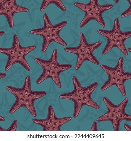 Red starfish colorful seamless pattern pentagonal invertebrate animals sea stars living at bottom of ocean deep under water vector illustration