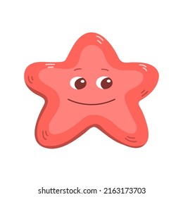 Red starfish. Cute funny face with a smile. Sea shellfish. Underwater life and fauna. Symbol of the beach and summer resort. Cartoon vector illustration isolated on white background