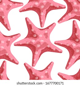 Red starfish on a white background. Seamless pattern. Vector illustration made in watercolor style.