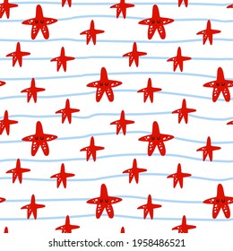Red starfish seamless pattern. Cartoon hand drawn colorful marine childish collection, underwater animal on blue striped background. Kids decor textile, wrapping paper wallpaper vector print or fabric
