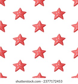 Red starfish seamless vector pattern. Underwater animals in the shape of stars with suckers. Flat cartoon style, hand drawn childish illustration on white background. Cute sea backdrop