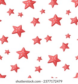 Red starfish seamless vector pattern. Underwater animals in the shape of stars with suckers. Flat cartoon style, hand drawn childish illustration on white background. Cute sea backdrop