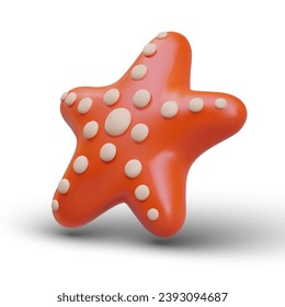 Red starfish. Underwater predator in plasticine style. Sea animal hunter. Vector 3D illustration with shadow. Color image for web design. Cute star creature